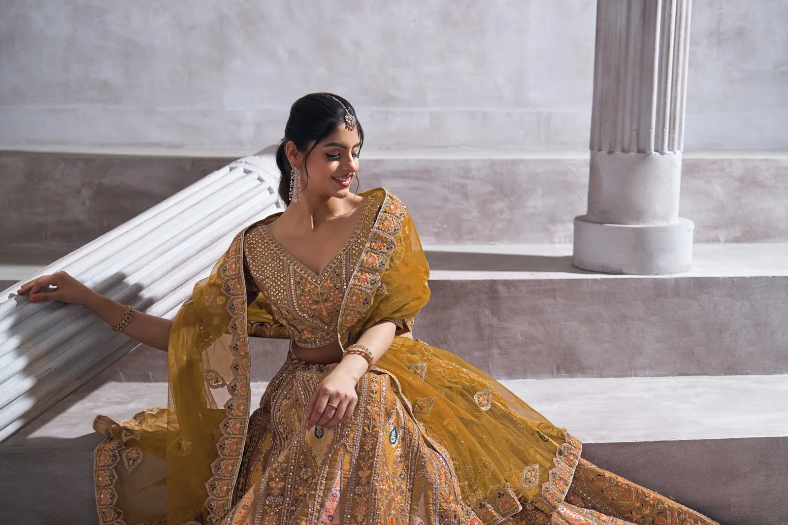 Kf 32 Mustard Banarasi Silk Patch Work Semi Bridal Lehenga Choli Wholesale Clothing Suppliers In India